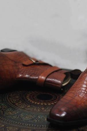 New Men's Handmade Brown Crocodile Textured Leather Stylish Jodhpur Boots