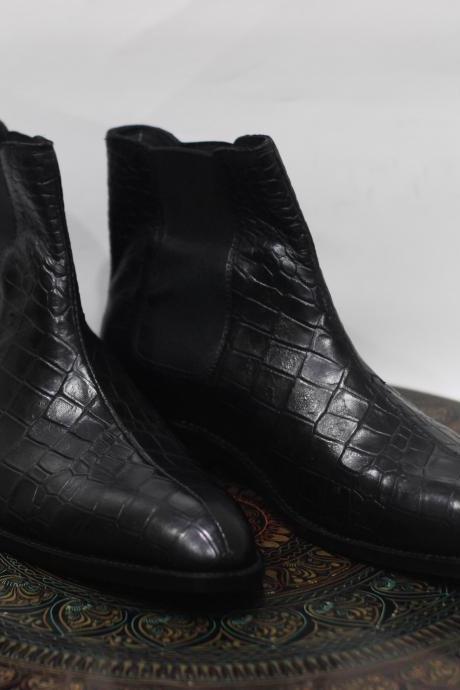 New Handmade Pure Leather Chelsea Black Crocodile Textured Leather Ankle High Stylish Boots for Men's