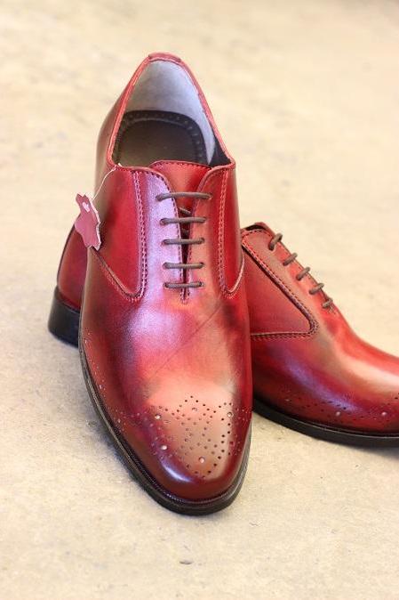 New Men's Handmade Burgundy Leather Lace Up Round Toe Oxford Style Dress & Office Shoes