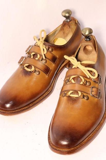 New Handmade Men's Dual Tone Tan Brown Leather Lace Up Double Buckle Strap Stylish Dress & Formal Shoes