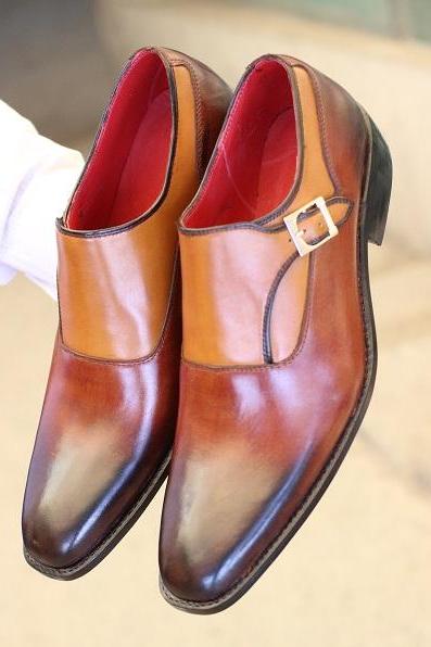 Men's Handmade Brown & Tan Leather Single Monk Style Two Tone Dress & Formal Shoes