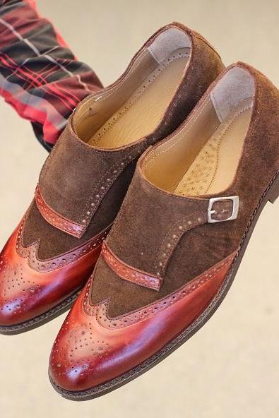 Men's New Handmade Brown Suede & Burgundy Leather Single Monk Wing Tip Style Dress & Formal Shoes