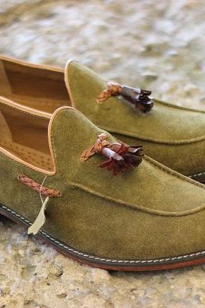 Men's New Handmade Green Suede Leather Slip On Leather Teasels Genuine Suede Leather Loafer Moccasin Shoes