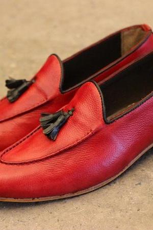New Handmade Men's Red Leather Slip On Teasels Genuine Leather Loafers Dress & Formal Shoes