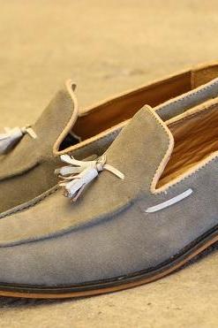 Men's New Handmade Grey Suede Leather Slip On Leather Teasels Genuine Suede Leather Loafer Moccasin Shoes