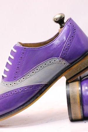 Men's New Handmade Two Tone Purple & Grey Leather Wing Tip Style Lace Up Dress & Moccasin Shoes