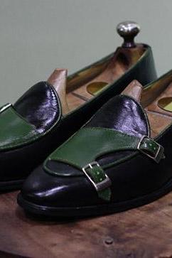 New Men's Handmade Shoes Black & Green Leather Double Buckle Slip On Dress & Casual Wear Loafer Boots