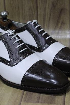 New Men's Handmade Leather Shoes Black White Leather Lace Up Stylish Cap Toe Dress & Formal Wear Shoes 