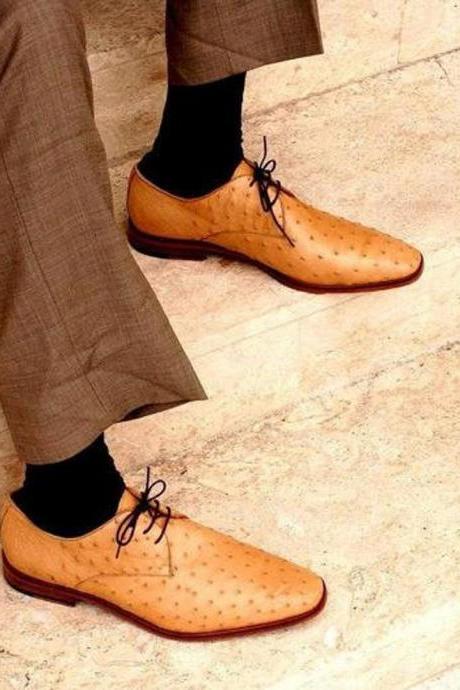 Men's New Handmade Tan Ostrich Leather Lace Up Dress & Formal Wear Shoes