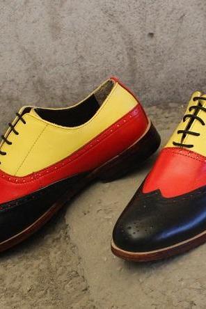 New Handmade Men's Formal Shoes Multi Color Leather Lace Up Style Wing Tip Dress & Casual Wear Boots
