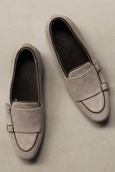 Men's Handmade Shoes Beige Suede Leather Double Buckle Slip On Dress & Casual Wear Boots