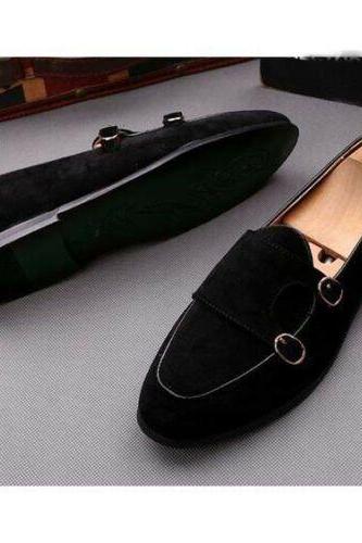 New Handmade men's black Suede Leather double monk shoes, men dress leather Slip On loafer shoes