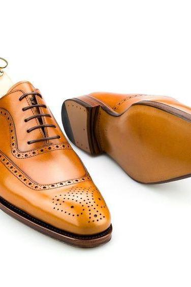 Men's New Handmade Awesome Tan Leather Brogue Cap Toe Lace Up Style Formal & Dress Shoes