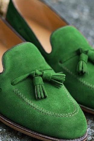 Men's Handmade Green Suede Leather Tassels Stylish Loafer Slips On Best Formal Occasion Shoes