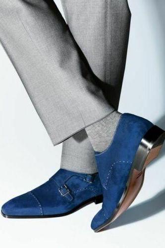 Handmade men's monk strap shoes, men's blue Suede Leather Formal & Dress Shoes