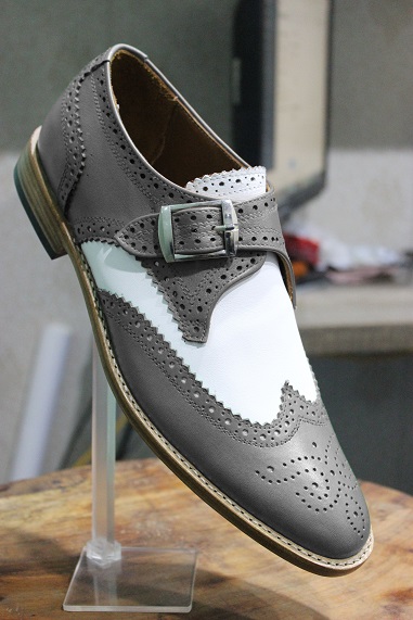 Men's Handmade Formal Shoes Grey & White Leather Single Monk Wing Tip Stylish Casual & Dress Wear Shoes