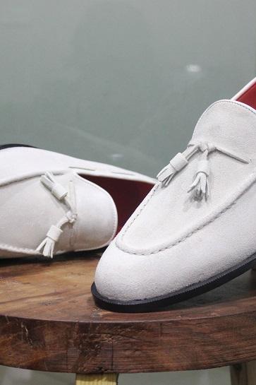 Mens New Handmade Shoes Formal Dress White Suede Tassels Moccasin Boots
