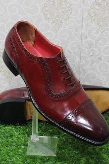New Men's Handmade Formal Shoes Double Tone Burgundy Leather Lace Up Cap Toe Style Dress & Casual Wear Boots