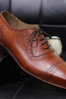 Men's New Handmade Shoes Tan Brown Leather Toe Cap Oxford Brogue Dress & Casual Wear Shoes