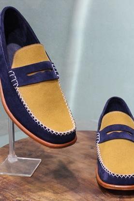 New Mens Handmade Shoes Two Tone Blue Yellow Suede Leather Formal Slip On Moccasins Loafer Boots