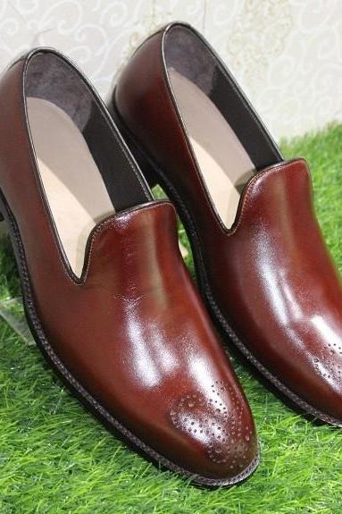 Men's Handmade Leather Shoes Burgundy Leather Slip on Loafer Boots