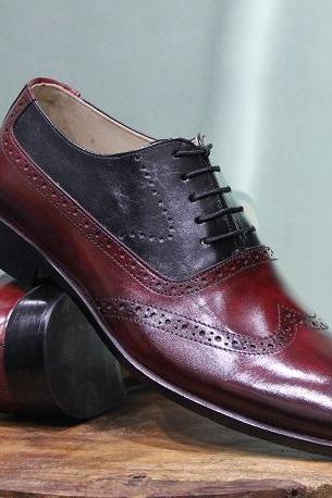 Men's New Handmade Formal Shoes Burgundy & Black Leather Two Tone Lace Up Style Casual Wear Boots