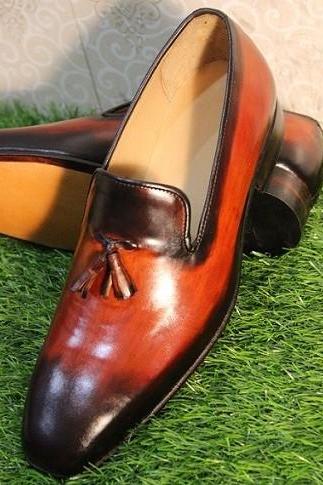 Men's New Handmade Shoes Two Tone Tan Brown Leather Tassels Moccasins Loafer Formal & Dress Slip On Shoes