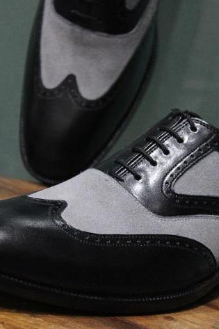 Men's New Handmade Formal Shoes Black Leather Grey Suede Wing Tip Style Lace Up Dress Shoes
