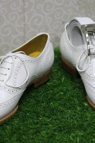 New Handmade Mens Shoes White Leather Wingtip Lace Up Dress and Casual Boots
