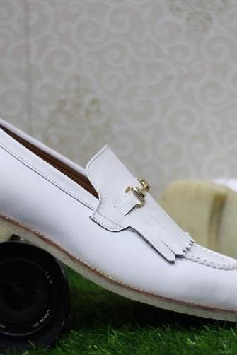 Mens New Handmade Shoes Bespoke White Leather Buckle Stylish Crape Sole Casual & Dress Boot