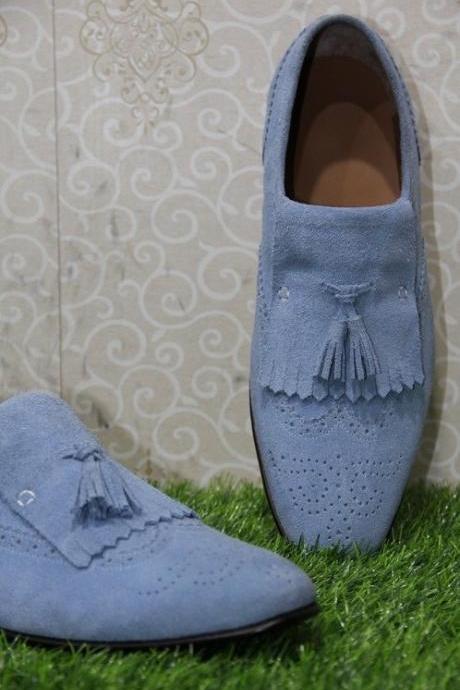 New Mens Handmade Formal Shoes Blue Suede Tassels Loafer Slip On Bespoke Casual Dress Boots