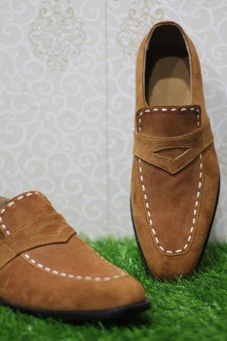 Mens New Handmade Formal Shoes Brown Suede Leather Loafer Slip On Dress Casual Wear Boots