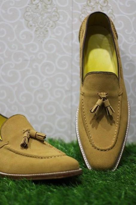 Mens New Handmade Shoes Beige Suede Tassels Loafer Slip On Formal Casual Dress Boots