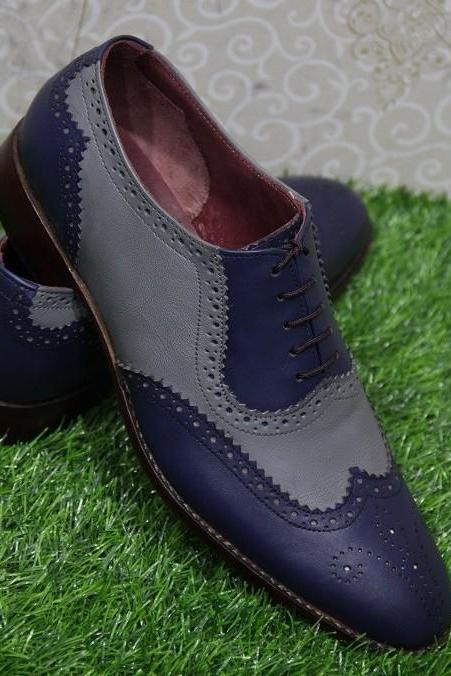 Mens New Formal Shoes Handmade Blue & Grey Leather Wingtip Two Tone Lace Up Casual & Dress Wear Boots
