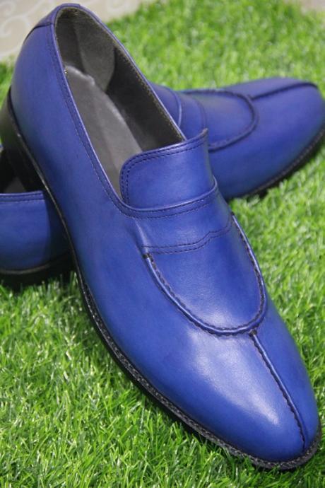 New Mens Handmade Formal Shoes Blue Leather Split Toe Slip On Loafers Casual & Dress Wear Boots