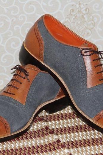 New Mens Handmade Shoes Bespoke Two Tone Grey Suede & Tan Leather Oxford Brogue Wingtip Dress & Casual Wear Boots