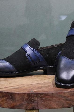 New Mens Handmade Formal Shoes Blue Double Shaded Leather & Black Suede Single Buckle Wing Style Dress & Casual Wear Boots