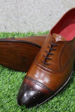 New Mens Handmade Shoes Brogue Two Tone Brown Leather Toe Cap Oxford Brogue Wingtip Dress & Casual Wear Boots
