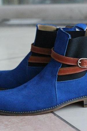 New Men's Handmade Blue Suede Leather Stylish Brown Strap Jodhpurs Dress & Formal Wear Shoes