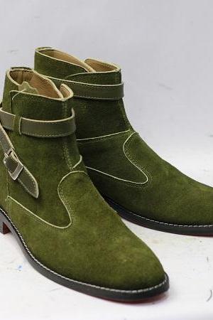 New Men's Handmade Leather Shoes Olive Green Suede Leather High Ankle Chelsea Boot