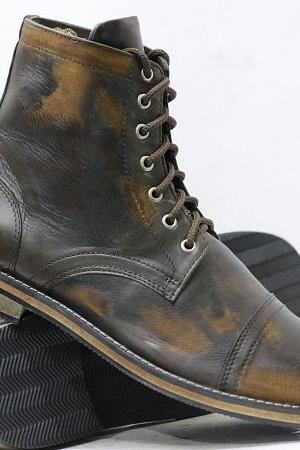 New Men's Handmade Leather Boots Brown Leather High Ankle Lace Up Style Marching Boots