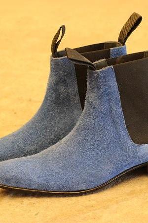 Men's Handmade High Ankle Sky Blue Suede Chelsea Jumper Slip On Genuine Leather Handmade Boots
