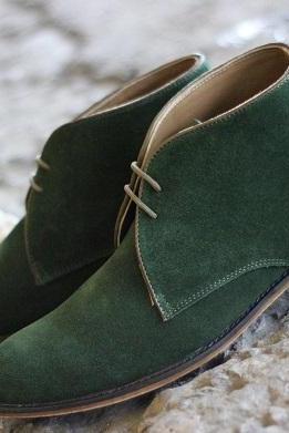Men's Handmade Green Suede Leather Chukka Derby Rounded Toe Genuine Suede Leather Lace Up Boots