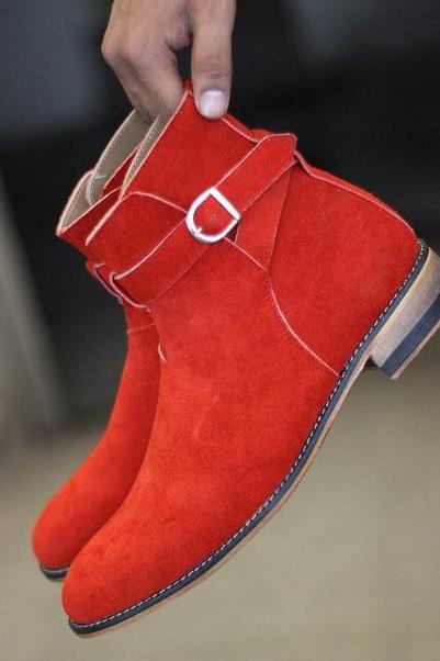 Men's New Handmade Red Suede Leather Jodhpurs Round Strap With Plain Toe Genuine Cowhide Leather Stylish Boots