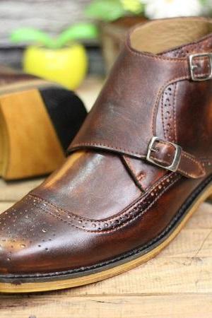 New Handmade Men's Brown Leather Chukka Derby Rounded Toe Genuine Leather Double Monk Boots