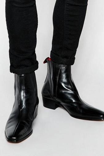 New Men's Handmade Black Leather Stylish Chelsea Ankle High Dress & Formal Boots