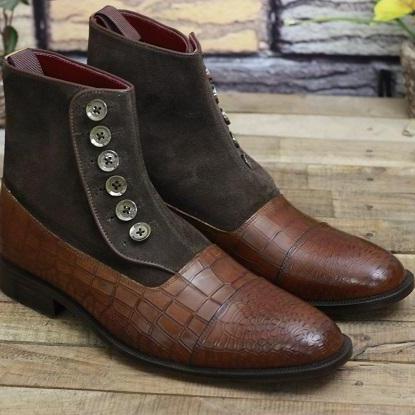 Men's New Handmade Formal Leather Shoes Brown Crocodile Textured Leather & Suede High Ankle Button Dress & Casual Wear Boots