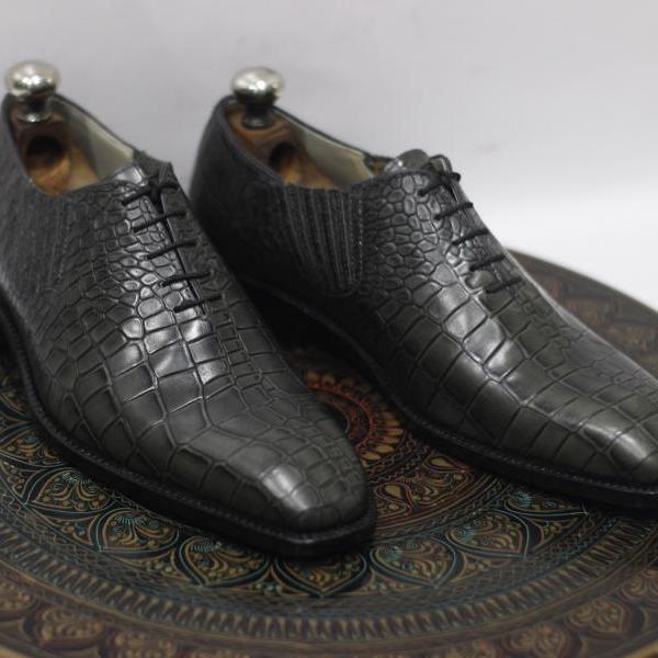 Men's Handmade Grey Black Shaded Crocodile Textured Leather Lace Up Stylish Dress & Formal Wear Shoes