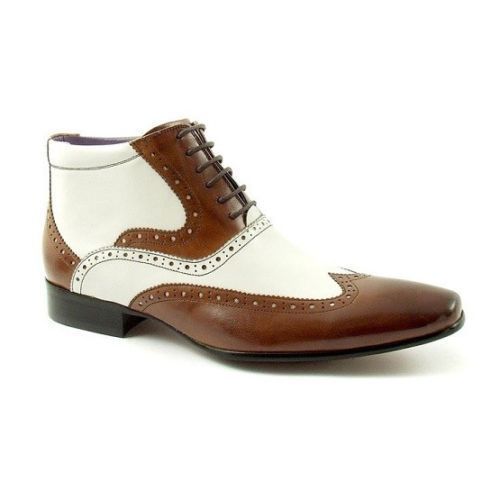Handmade Men's Brown And White Leather Wingtip Ankle High Boot, Men Real Leather Stylish Boots