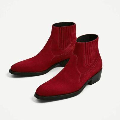 Men's Custom Made Genuine Red Leather Suede Rounded Toe Chelsea Jumper Slip On Men's Boot